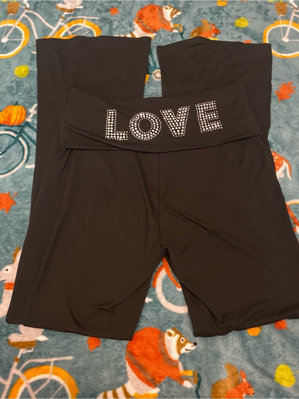 Women’s Black Rhinestone “LOVE" Fold Over Wide Leg Leggings